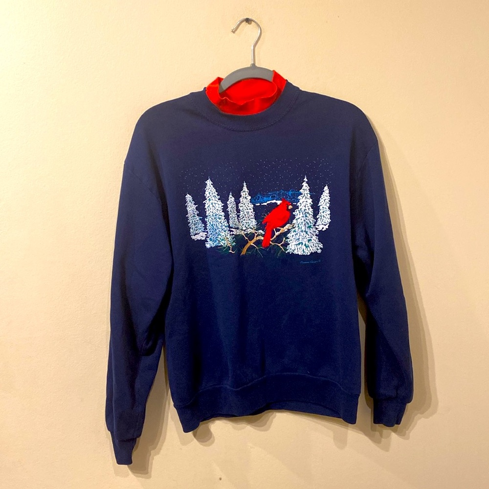 Vintage 90s Pleasant Shade Navy Sweatshirt sz M textured red bird in winter